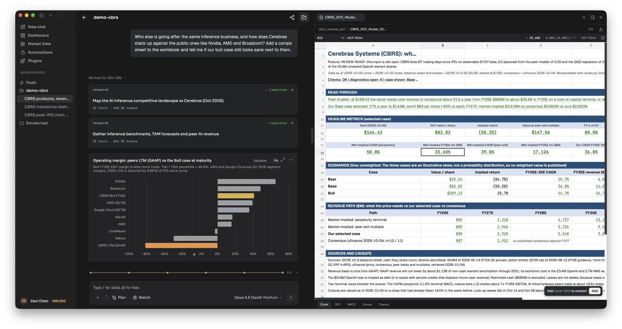 The CBRS reverse DCF workbook in the spreadsheet panel, with a selected cell ready to add to the chat