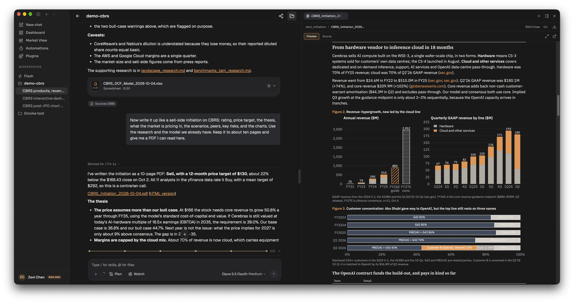 A ten-page CBRS initiation report open beside the chat, with revenue and customer-concentration charts