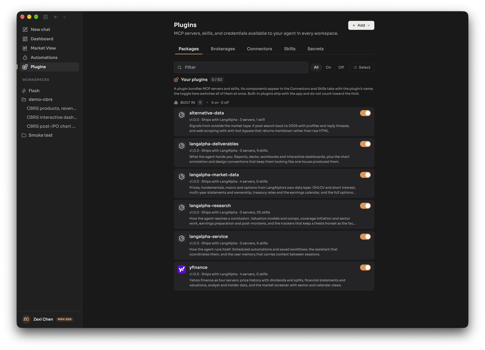 Packages tab of the Plugins page, listing the six built-in plugin bundles