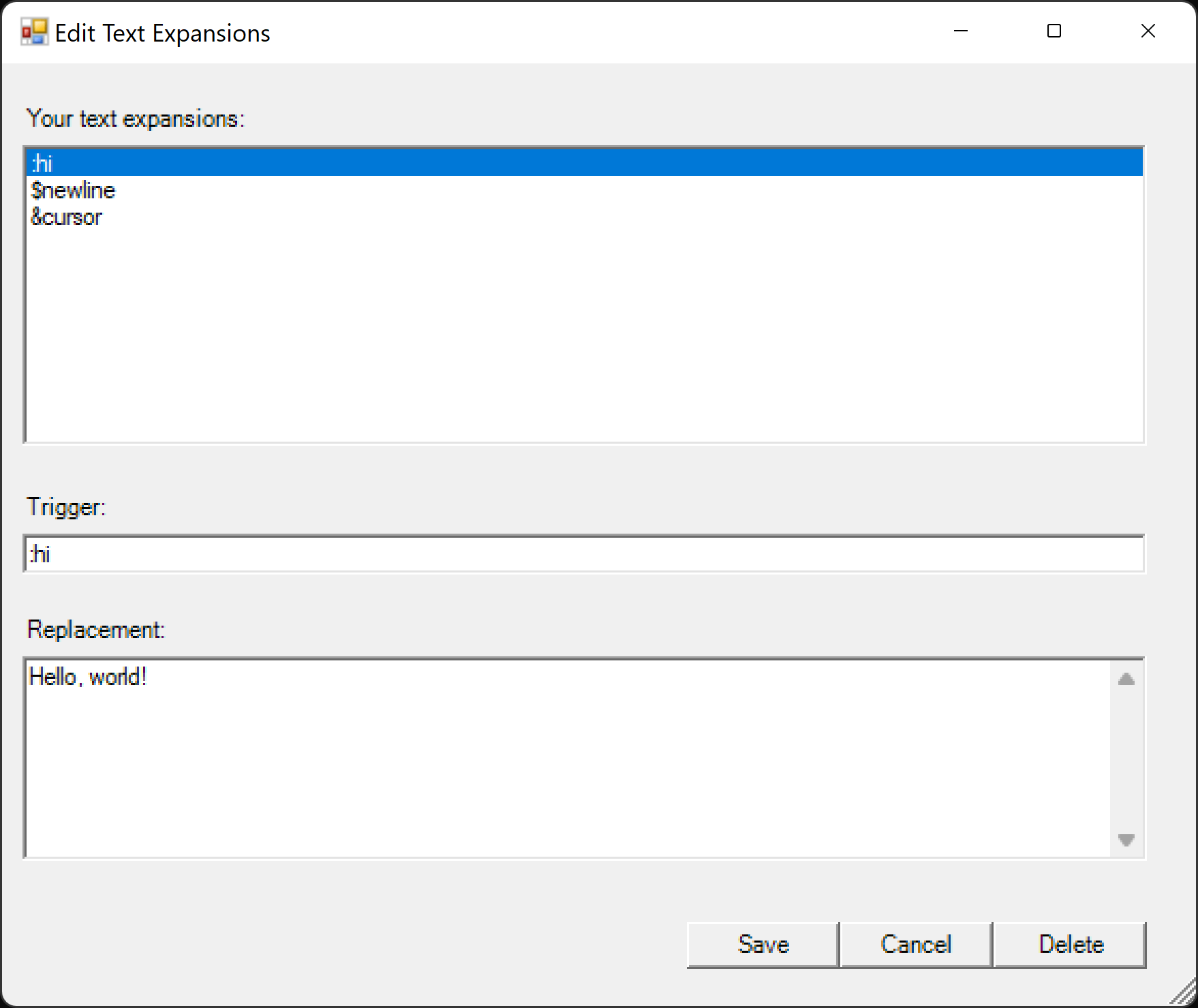 GUI for editing or deleting text expansions