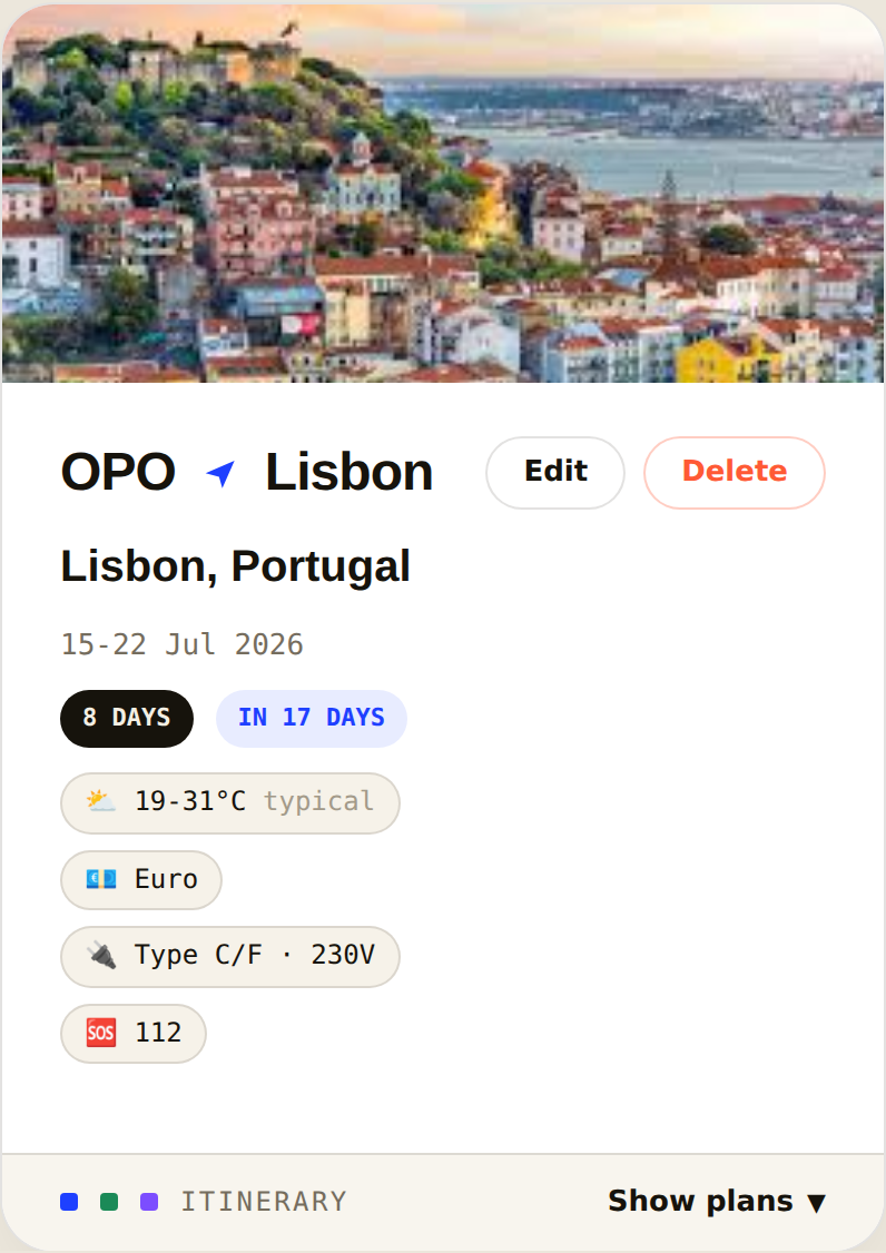 Lisbon trip card with photo, weather, currency, plug type and emergency number