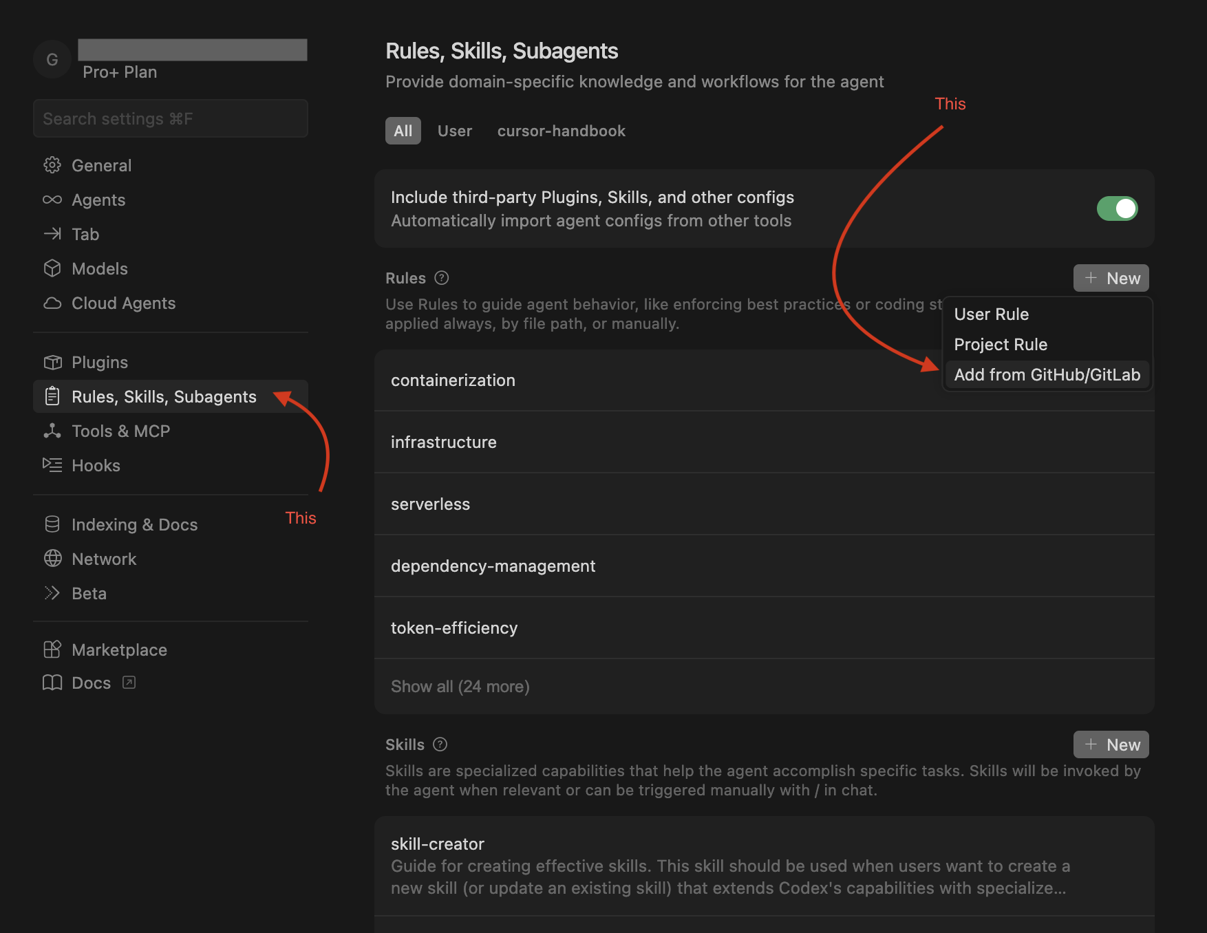 Add from GitHub in Cursor Settings