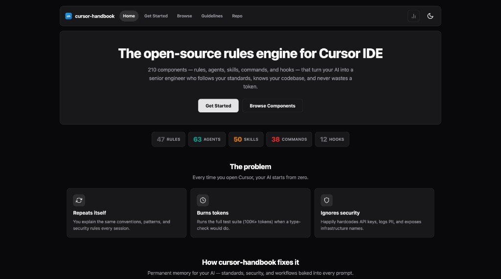 cursor-handbook website — browse components, read guidelines, search and copy paths