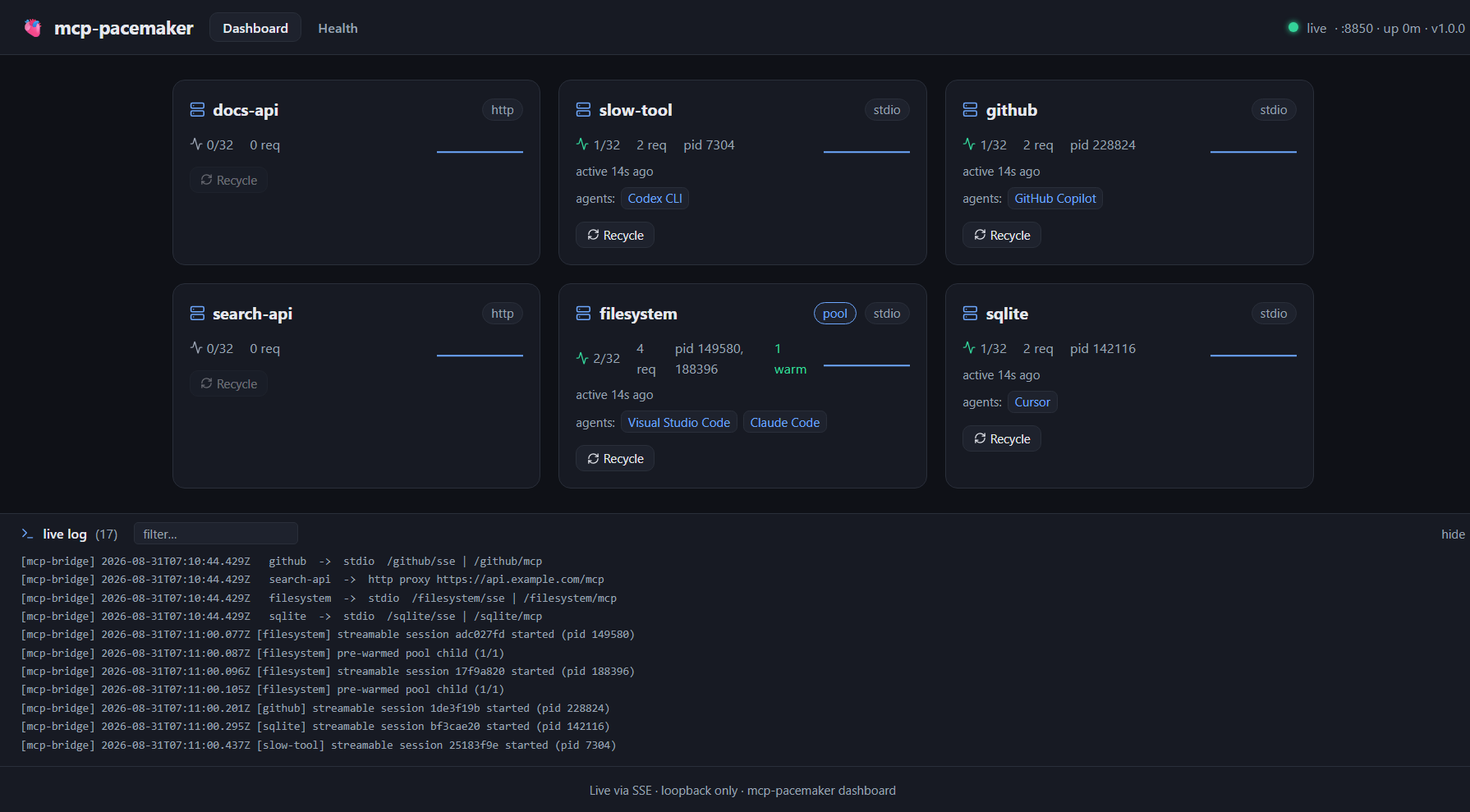 Web dashboard: one card per server, showing sessions, warm pool, pids and connected agents