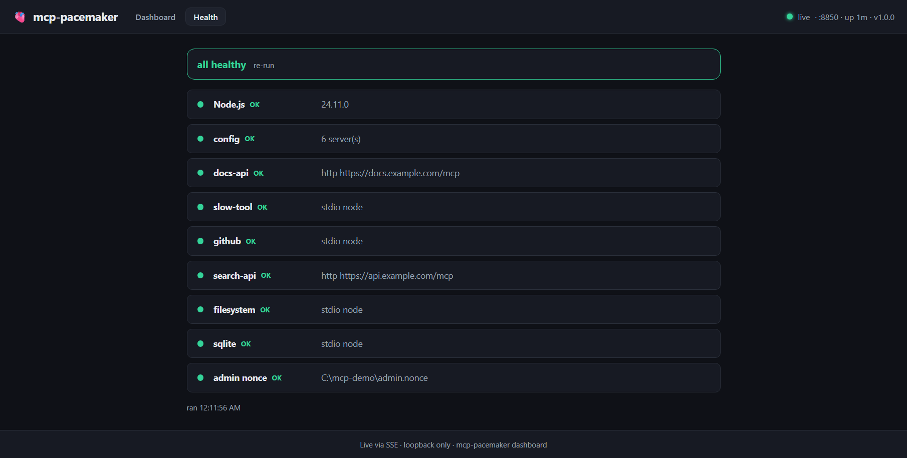 Health tab: Node version, config validity, per-server status and the admin nonce path