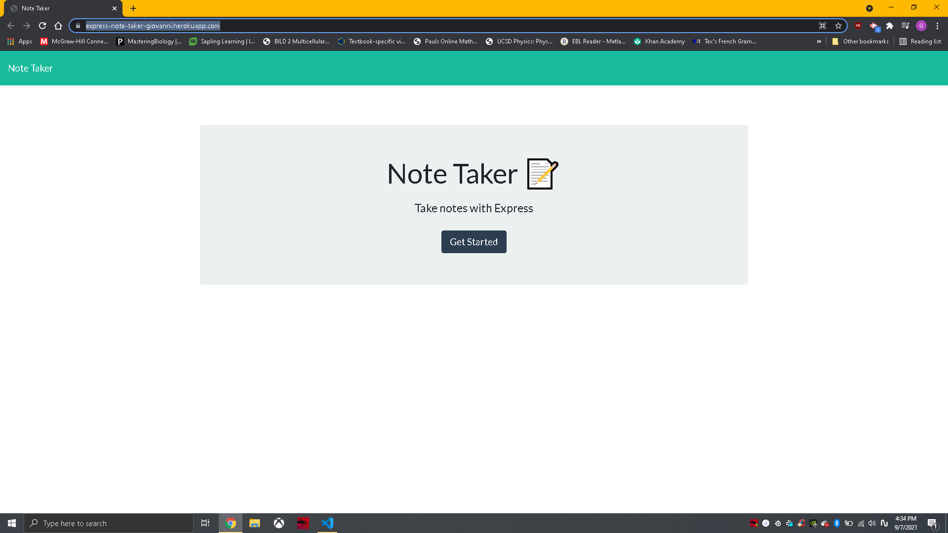 The start page of the deployed Heroku Note Site