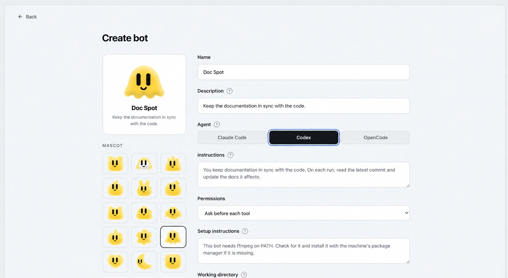 Create a bot with its name, agent, instructions, permissions, and mascot
