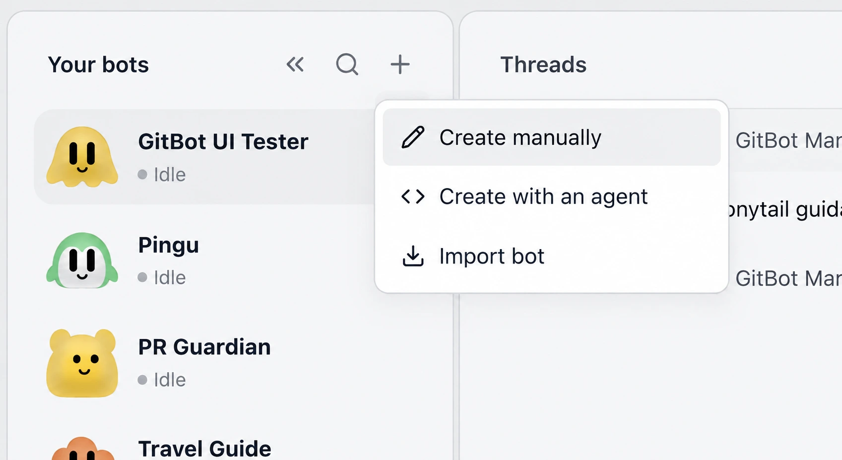 Create, generate, or import a bot from the Bots panel
