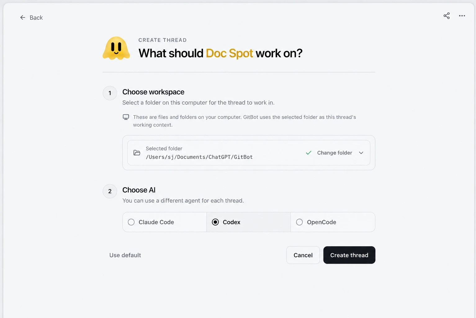 Choose a workspace and agent for a new thread