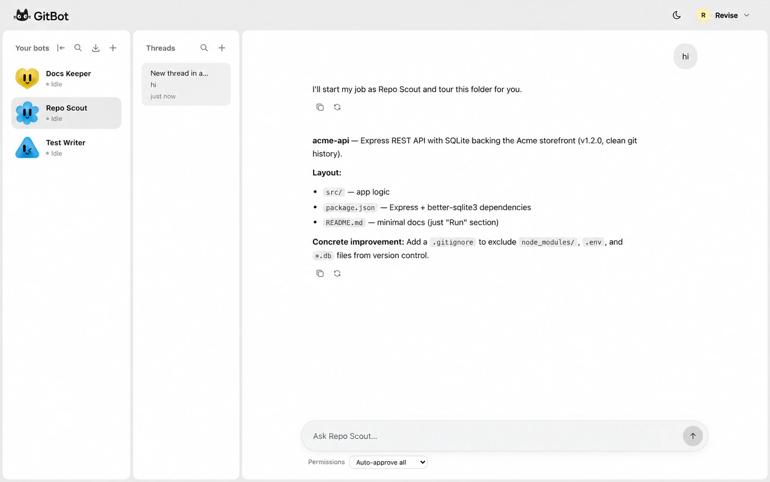 GitBot workspace with bots, threads, and a conversation
