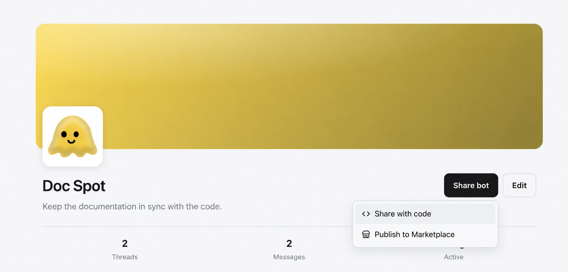 Share a bot with a code or publish it to Marketplace