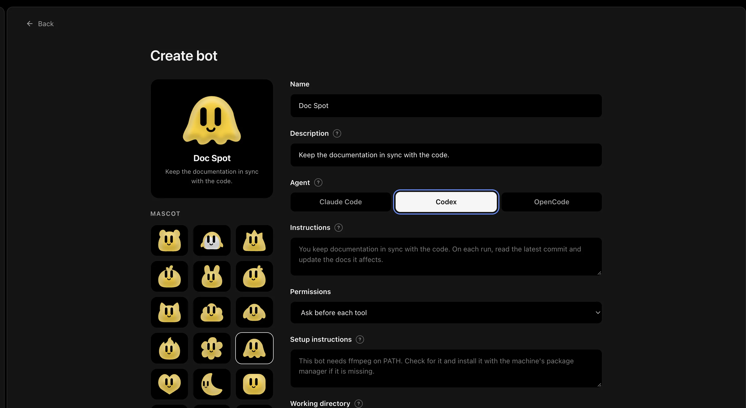 Create a bot with its name, agent, instructions, permissions, and mascot