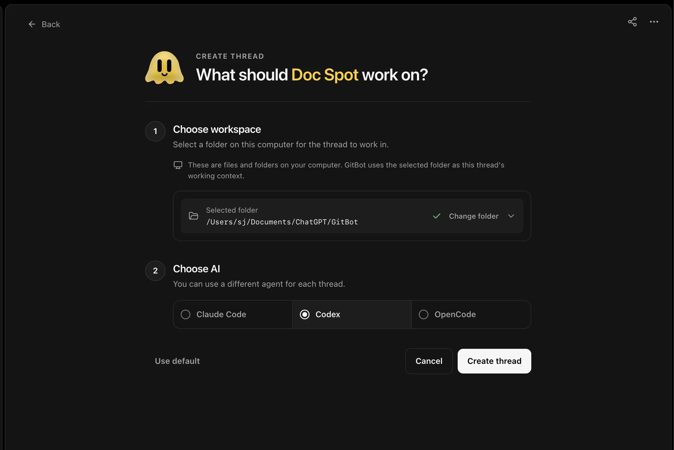 Choose a workspace and agent for a new thread