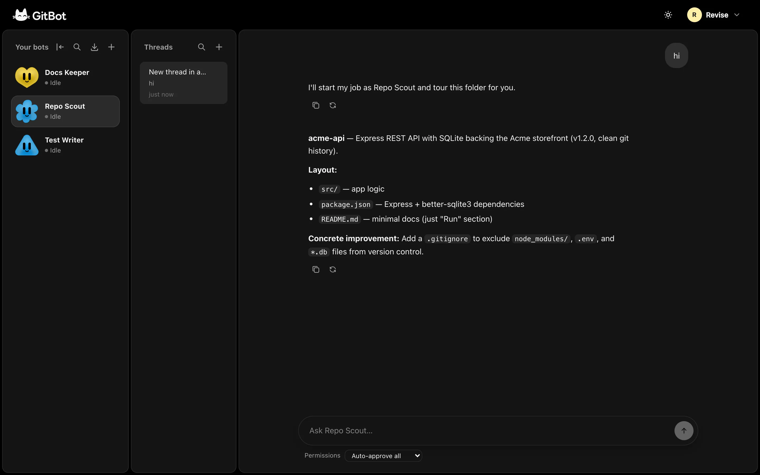 GitBot workspace with bots, threads, and a conversation