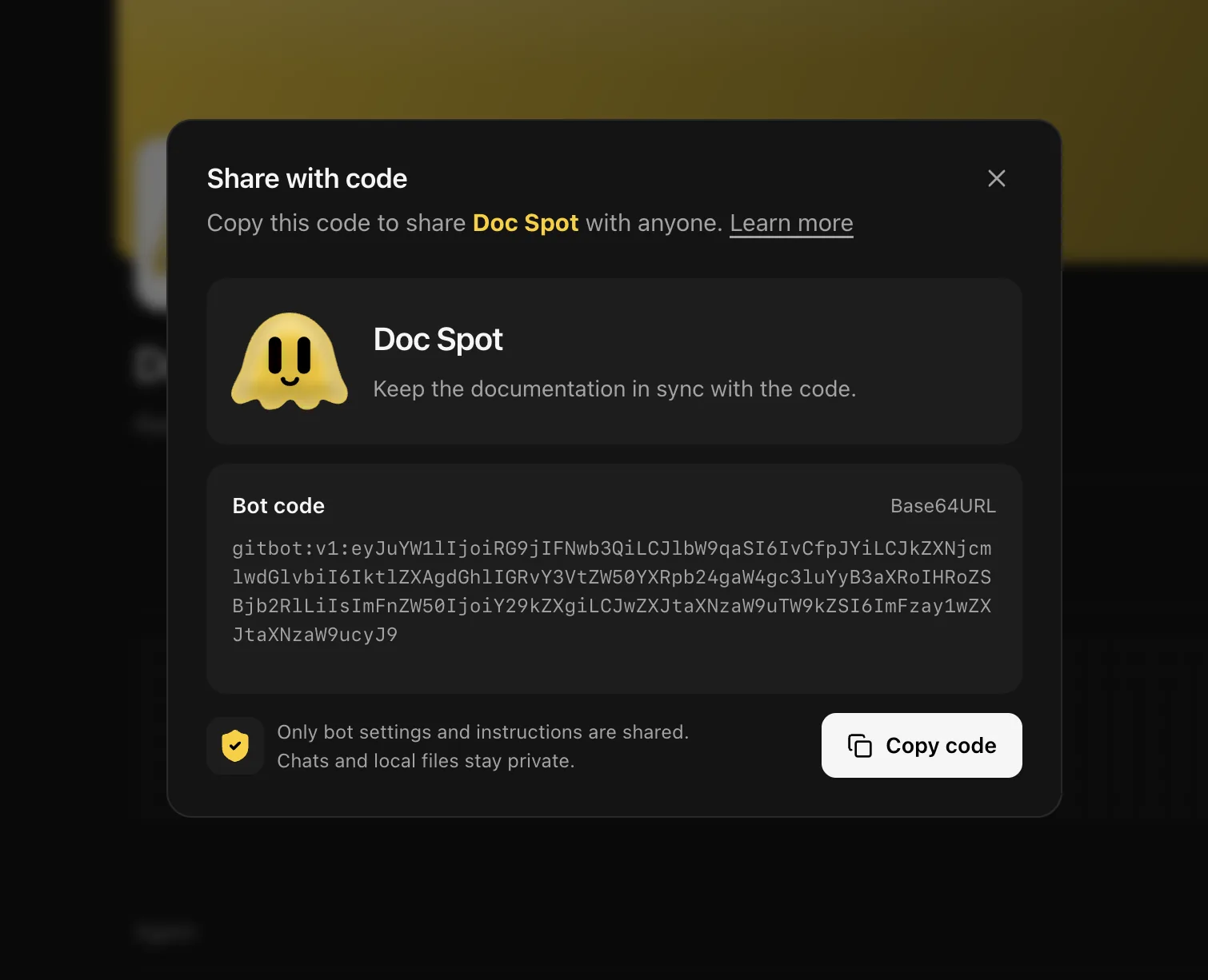 Share a bot using its generated code