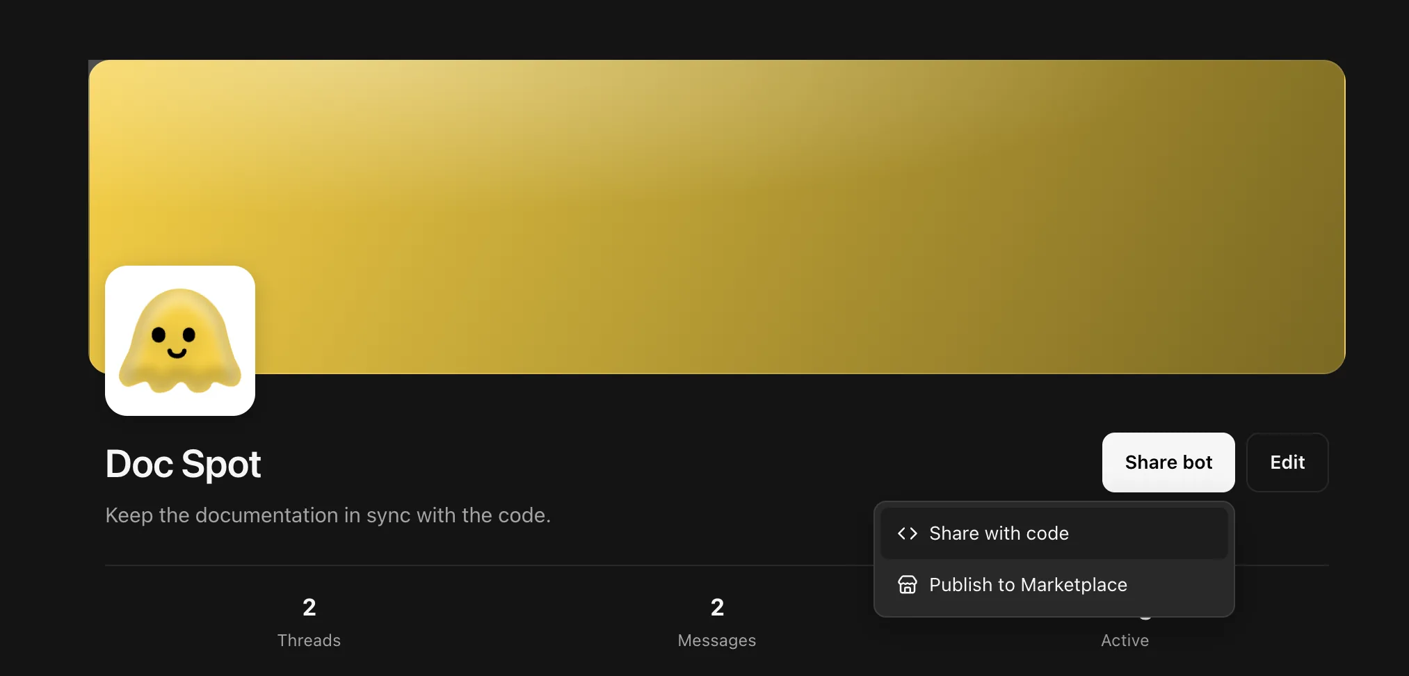 Share a bot with a code or publish it to Marketplace