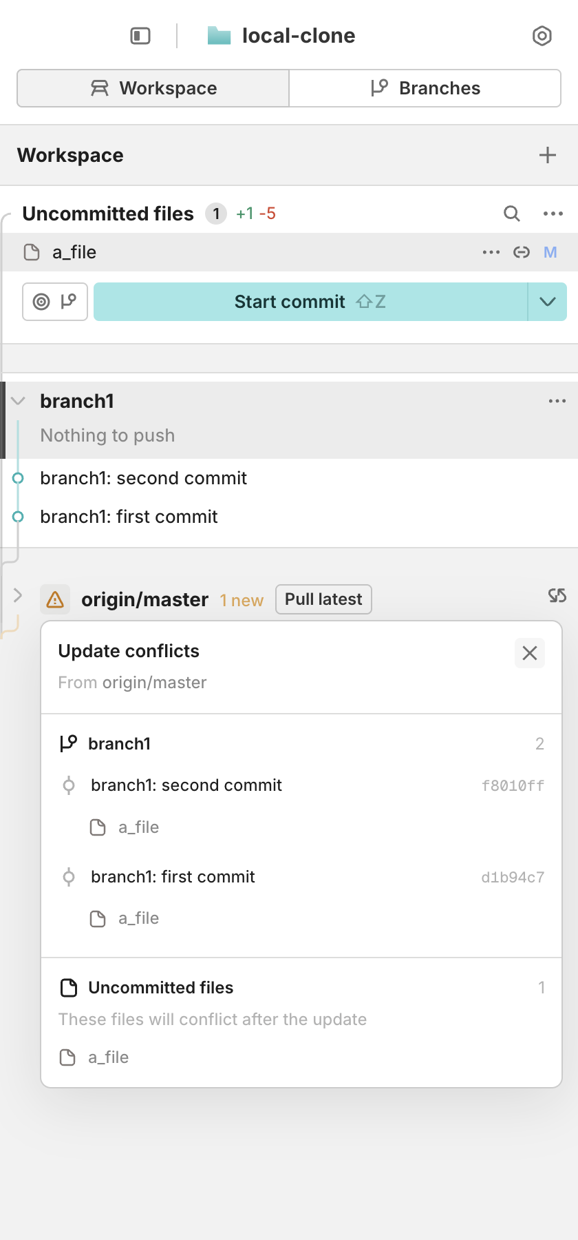 Popup lists the affected branch, commits, and files
