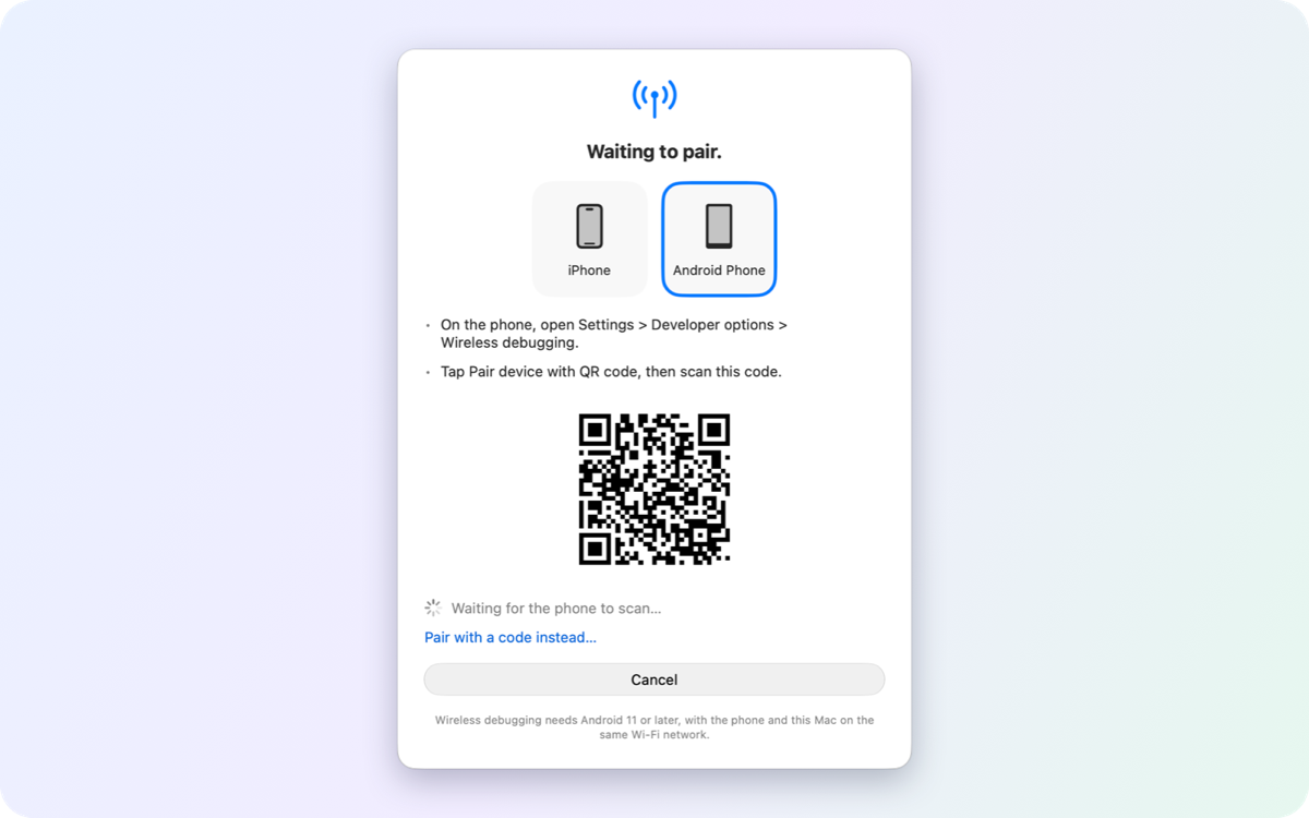 Pairing an Android phone with a QR code