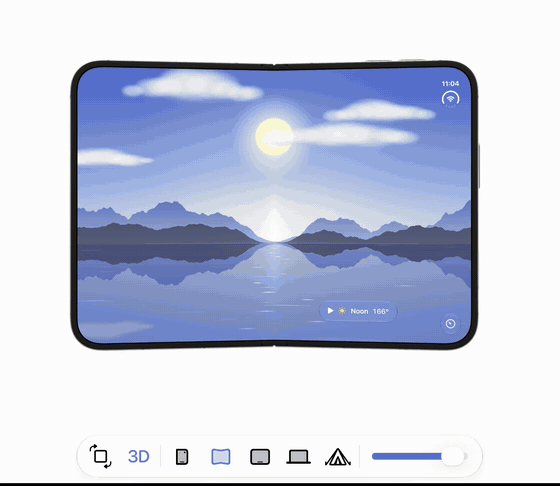 An iPhone Duo simulator in 3D, held landscape: the hinge slider folds it from 170 to 130 degrees while the sample app's sky moves from noon to golden hour, then it turns all the way round, closes and turns round again, and switches to the Laptop and Tent postures