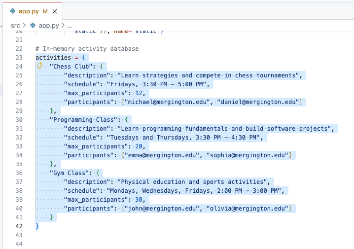 Highlighted activities dictionary before opening inline chat
