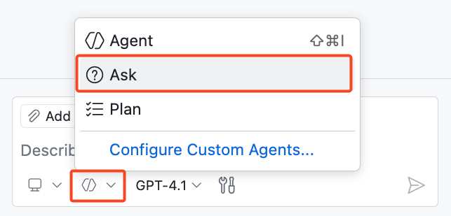 screenshot showing Ask Mode selection in Copilot Chat