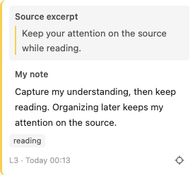 Desktop annotation card: Source excerpt and My note