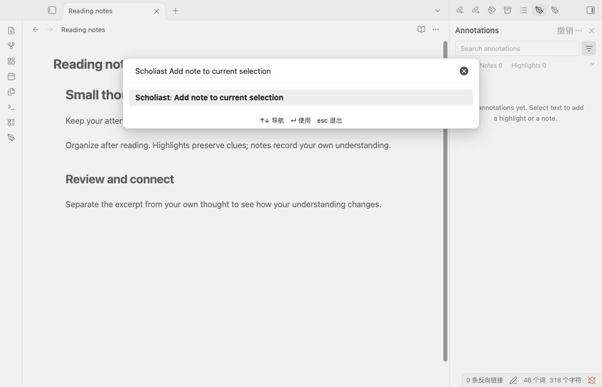 Desktop Markdown: run Add note to current selection from the command palette