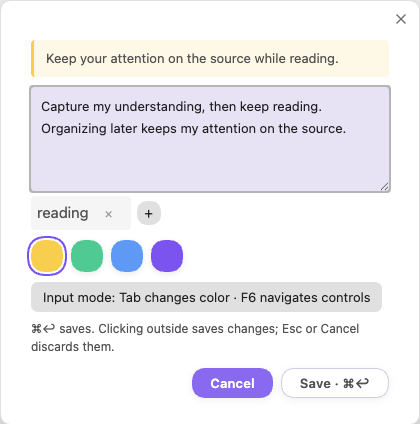 Desktop note editor: source excerpt, my note, tag and color