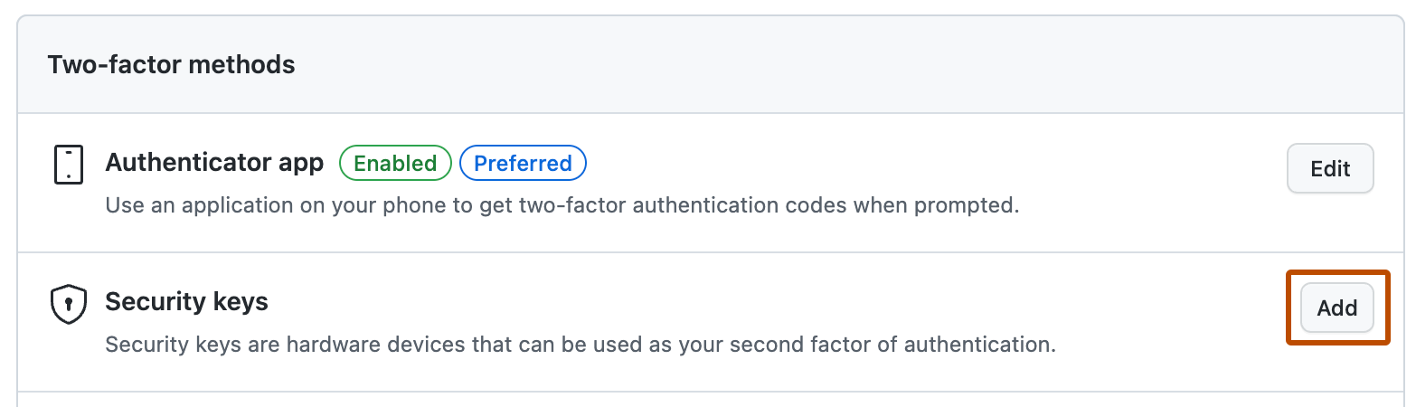 GitHub interface for adding a security key as a two-factor authentication method