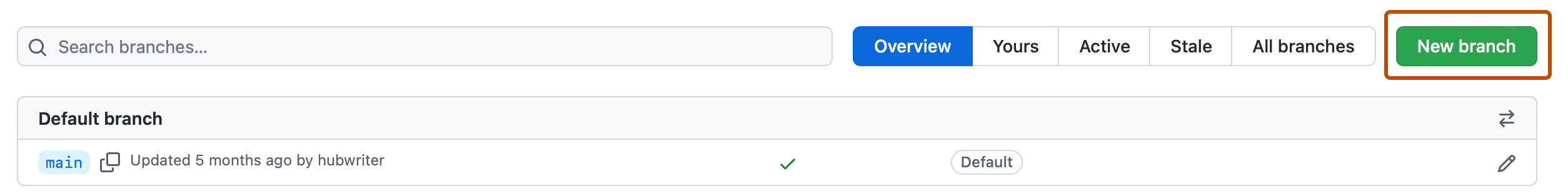 GitHub repository branch controls showing the New branch button