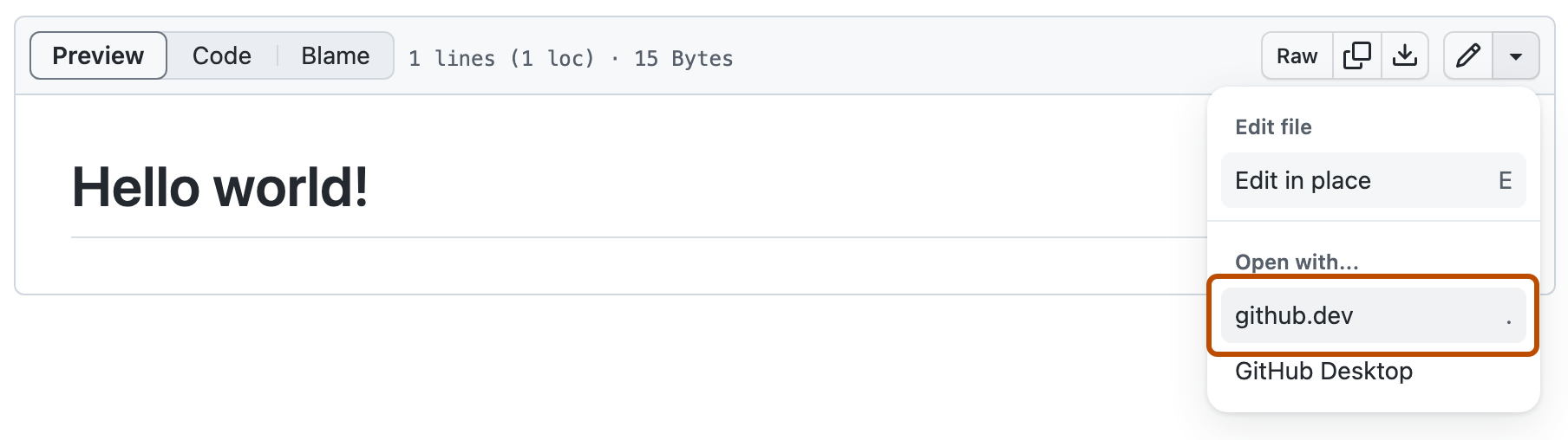 O menu do botão de editar no GitHub, com a opção github.dev. Imagem: GitHub Docs, CC BY 4.0