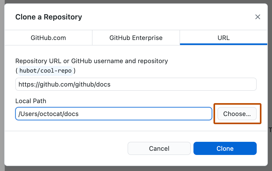 A tela de clonar repositório no GitHub Desktop: você cola o link e escolhe a pasta. Imagem: GitHub Docs, CC BY 4.0