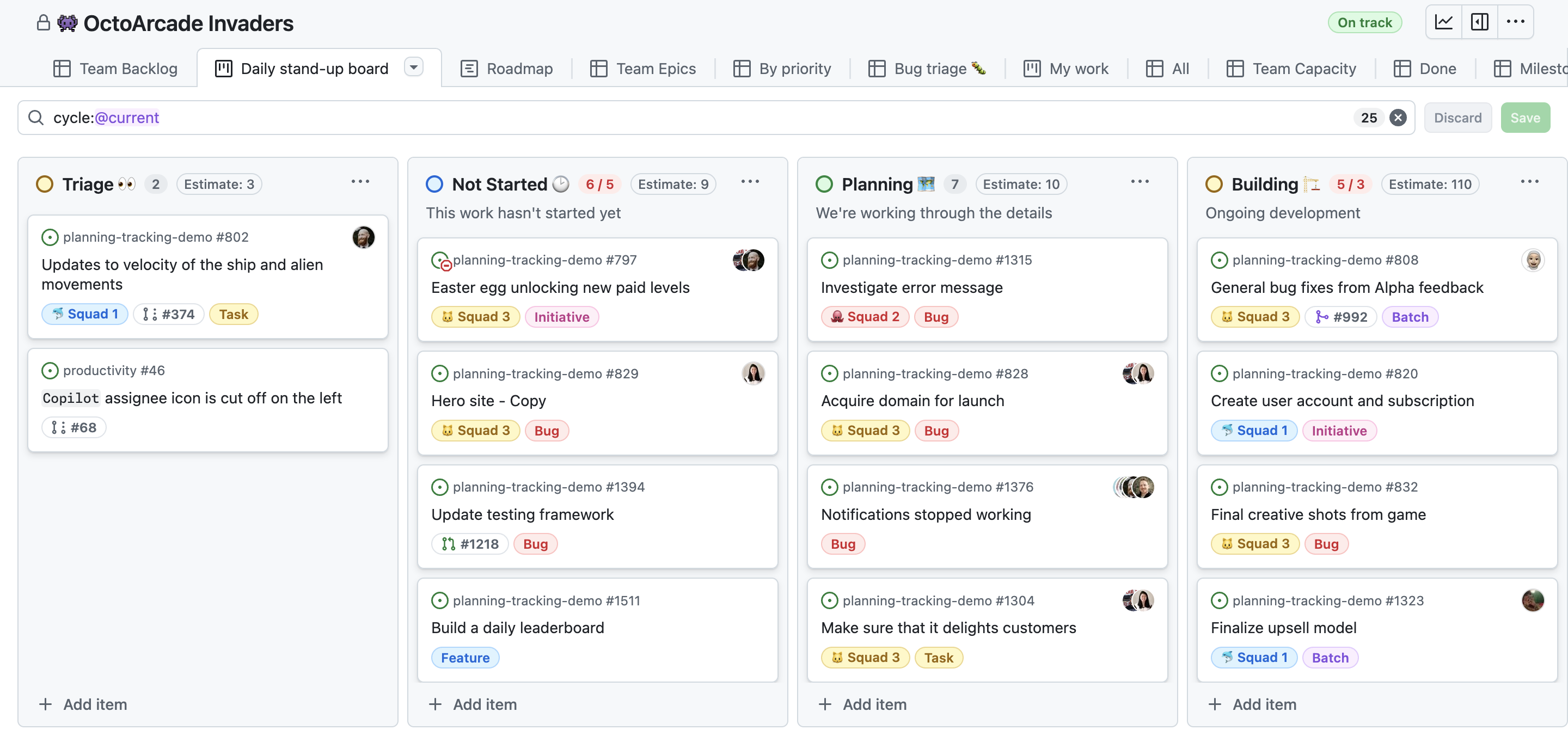GitHub Projects board view with work items arranged in columns