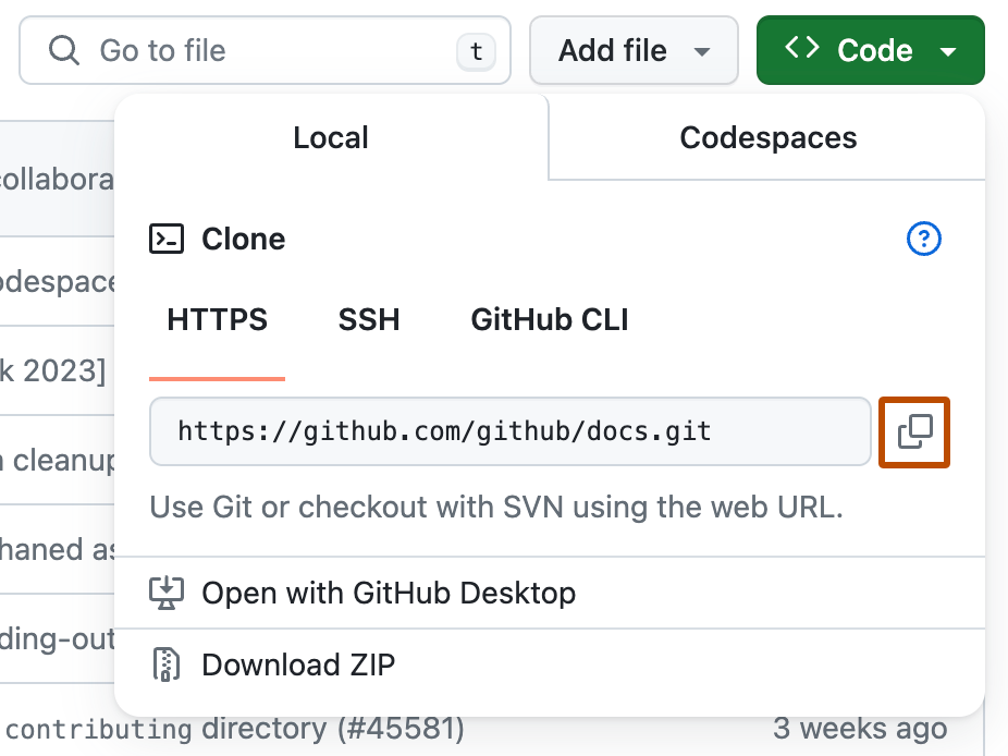 O menu do botão "Code", com a opção "Download ZIP" no final. Imagem: GitHub Docs, CC BY 4.0