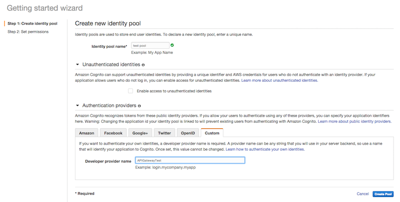 Cognito Create Identity Pool Screenshot