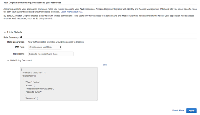 Cognito Setup IAM Role Screenshot