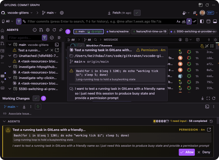 Agent status showing permission prompt
