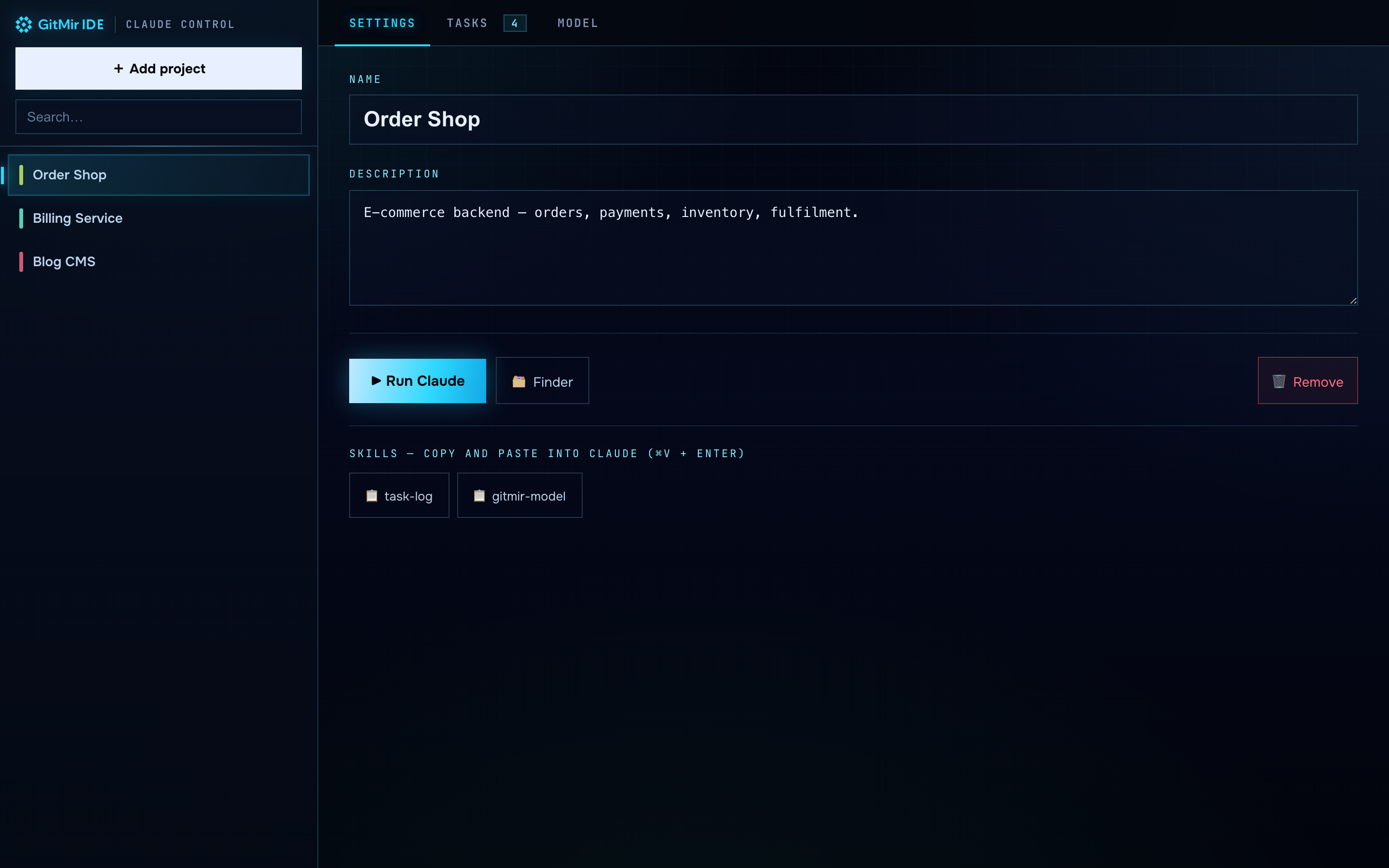 Dashboard — Settings tab