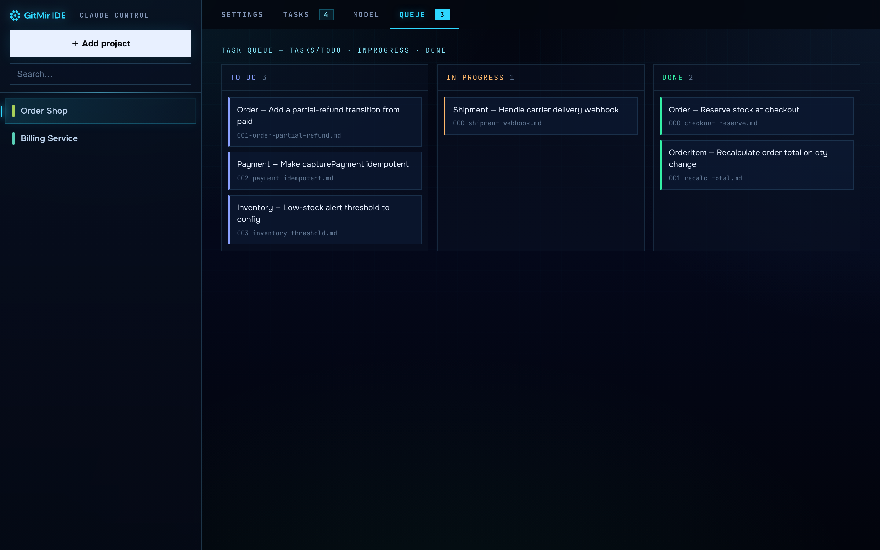 Task queue — todo · in progress · done