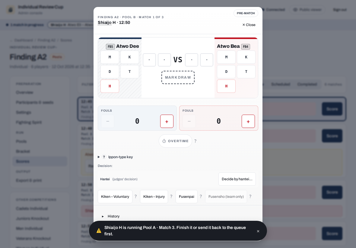 After a fusenpai recorded from the Scores tab, the app tries to start the court's next match and is refused because another bout runs there (bc-adna)