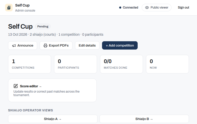 A self-run tournament's dashboard has no Registration desk card (bc-cmpw)