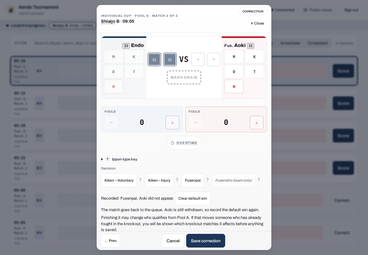 Score editor correcting Pool A Match 2, Endo vs Aoki with Fus. beside Aoki: Recorded: Fusenpai, Aoki did not appear, a Clear default win button, and The match goes back to the queue. Aoki is still withdrawn, so record the default win again.