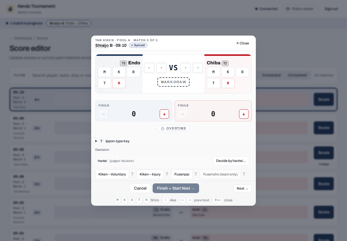 Scores tab score editor on Pool A Match 3 of 3, Endo vs Chiba, running and Synced, with Finish + Start Next.