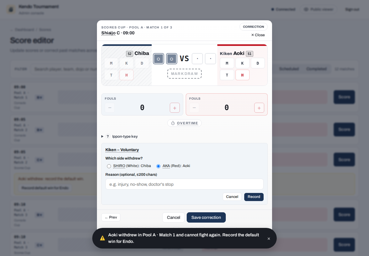 Scores tab score editor still on Pool A Match 1, Chiba vs Aoki with Kiken beside Aoki, in correction, the withdrawal form still open, and the message Aoki withdrew in Pool A · Match 1 and cannot fight again. Record the default win for Endo.