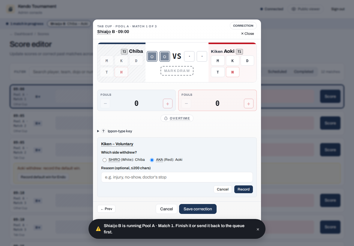 Scores tab score editor on Tab Cup Pool A Match 1, Chiba vs Aoki with Kiken beside Aoki, in correction, the Kiken - Voluntary form still open with its Record button, and the message Shiaijo B is running Pool A · Match 1. Finish it or send it back to the queue first.