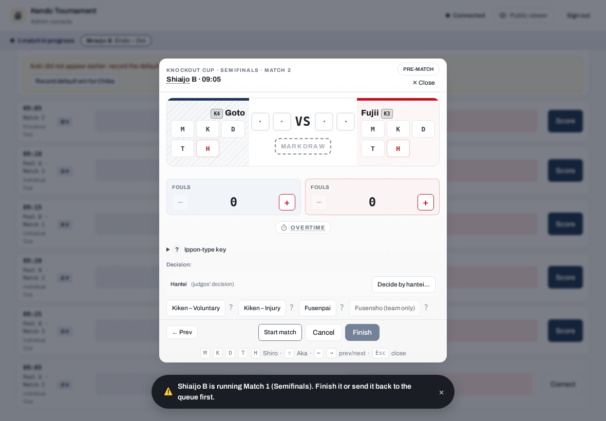 Score editor on Goto vs Fujii with Start match still offered, and the message Shiaijo B is running Match 1 (Semifinals). Finish it or send it back to the queue first.
