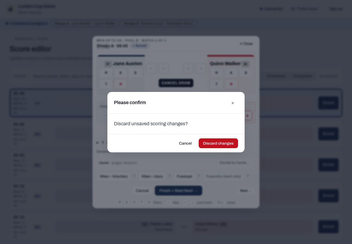 After: Next with an unsaved Mark draw asks Discard unsaved scoring changes?