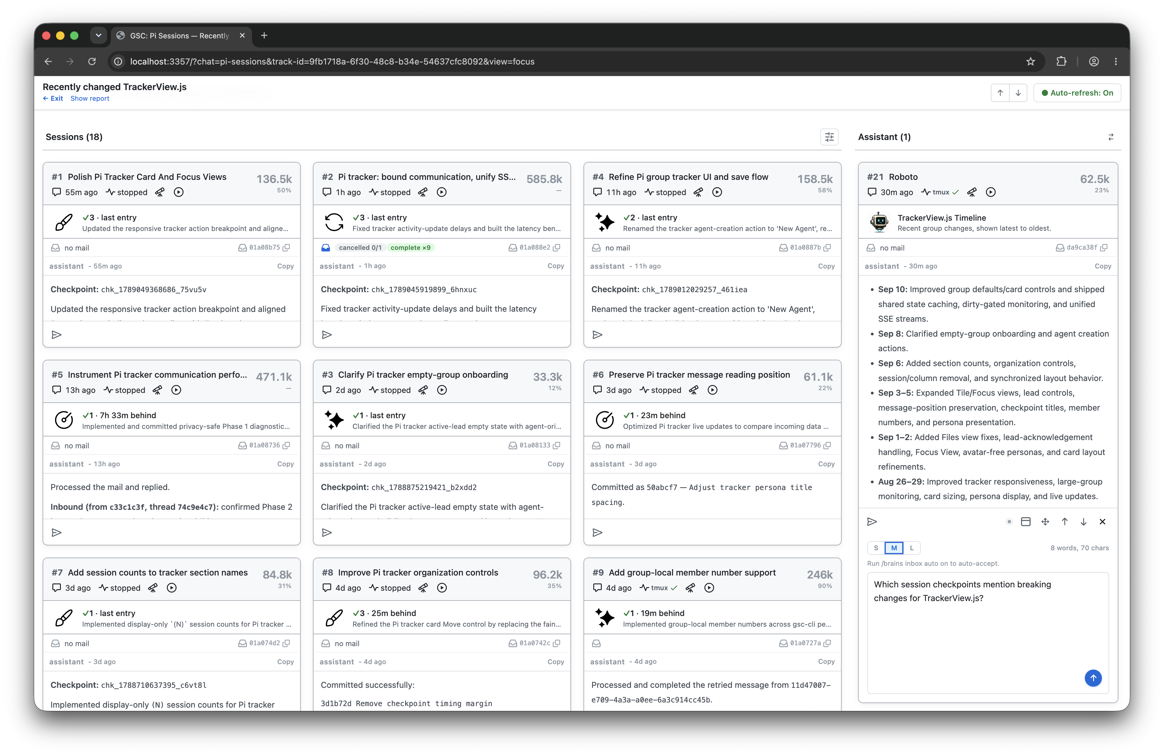 Reviewing and monitoring grouped sessions in GitSense Chat