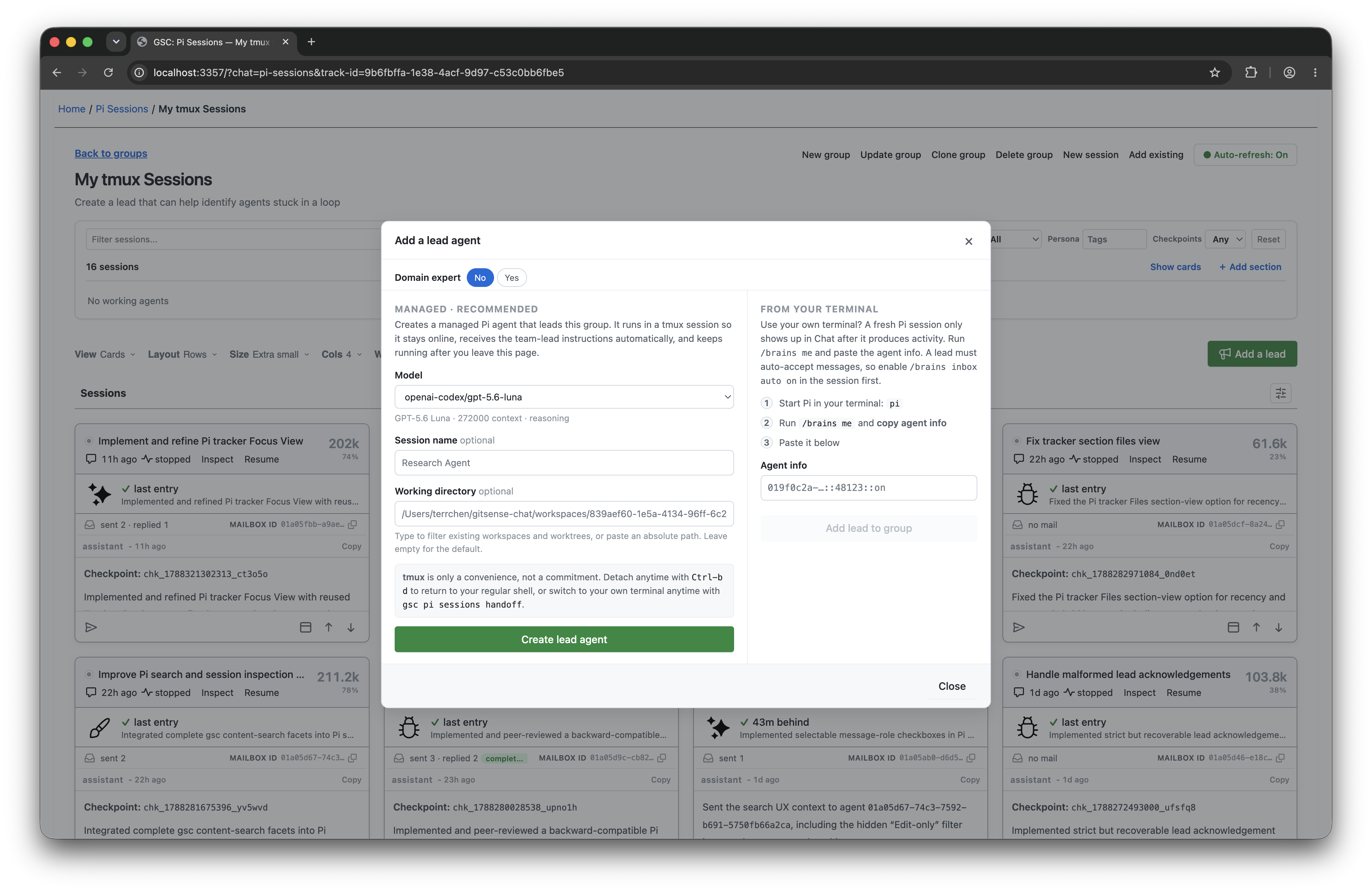 The Add a lead agent dialog with a managed lead ready to be created.