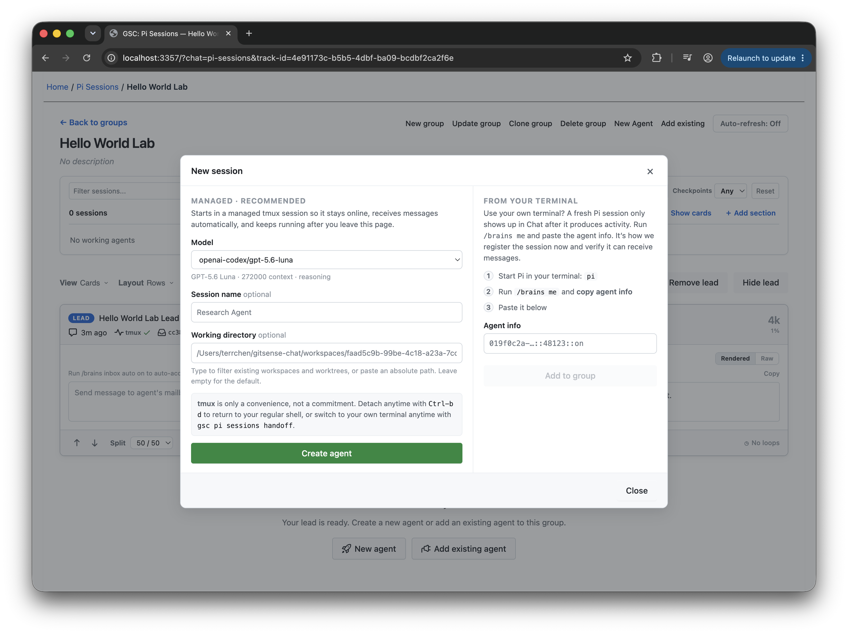 Creating and configuring a managed agent in GitSense Chat.